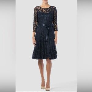 🇨🇦 Joseph Ribkoff Navy 3/4 length sleeves w/ lace overlay &  satin ribbon